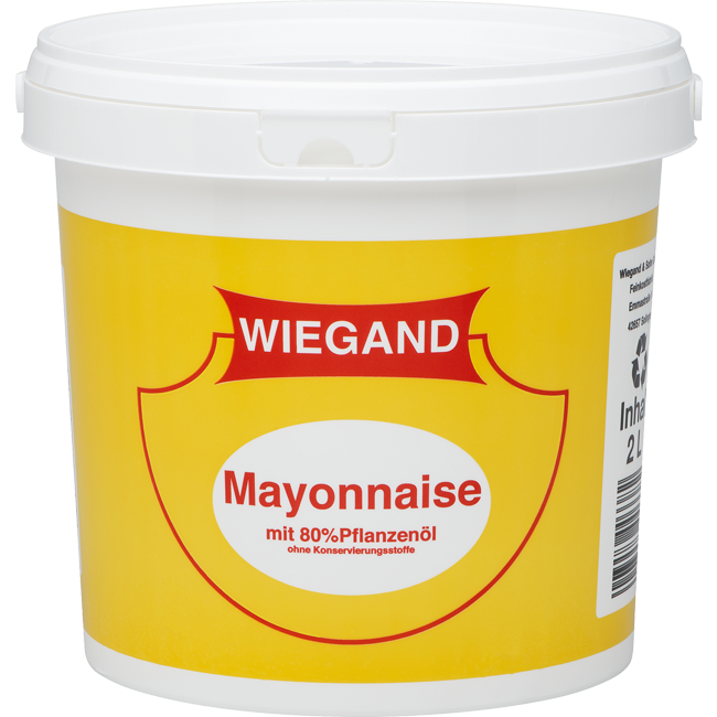 Wiegand & Sohn Mayonnaise mit 80% Pflanzenöl in der 875 ml Tube, im 2 L Großgebinde-Eimer oder im 8 L Großgebinde-Eimer erhältlich.