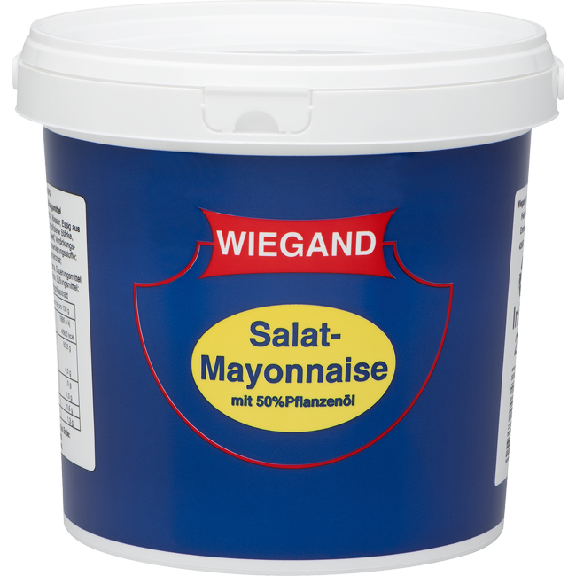 Wiegand & Sohn Salat-Mayonnaise mit 50% Pflanzenöl in der 875 ml Tube, im 2 L Großgebinde-Eimer oder im 8 L Großgebinde-Eimer erhältlich.